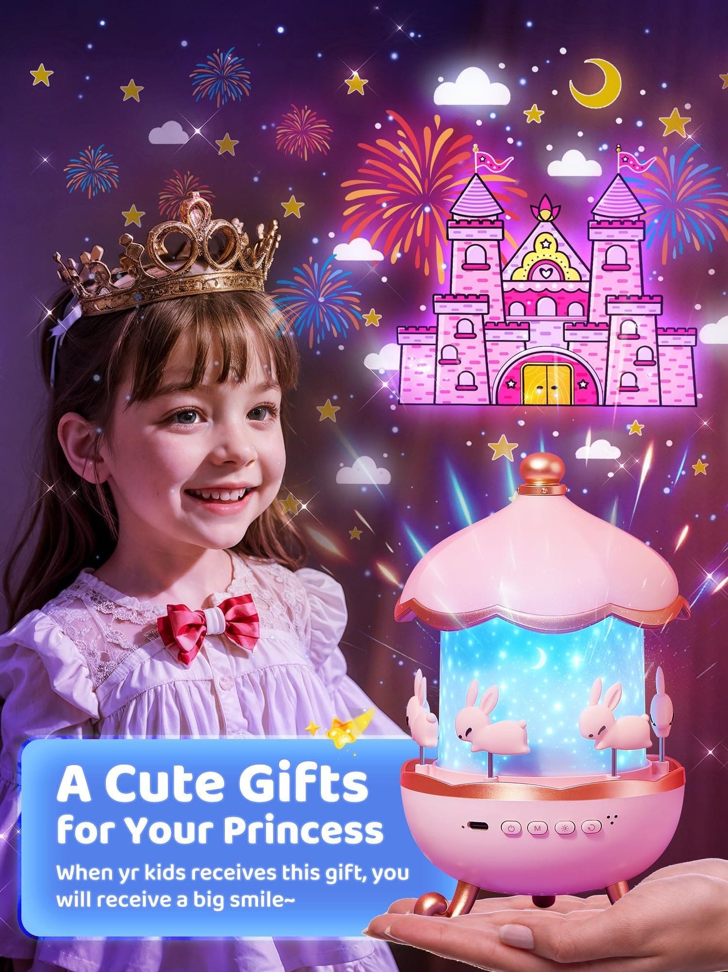 Luz Nocturna LED 3-en-1 Estrellas, Música y Magia